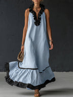 Damen Maxikleid Sophia – Leinen-Baumwolle, Volants, Seitentaschen