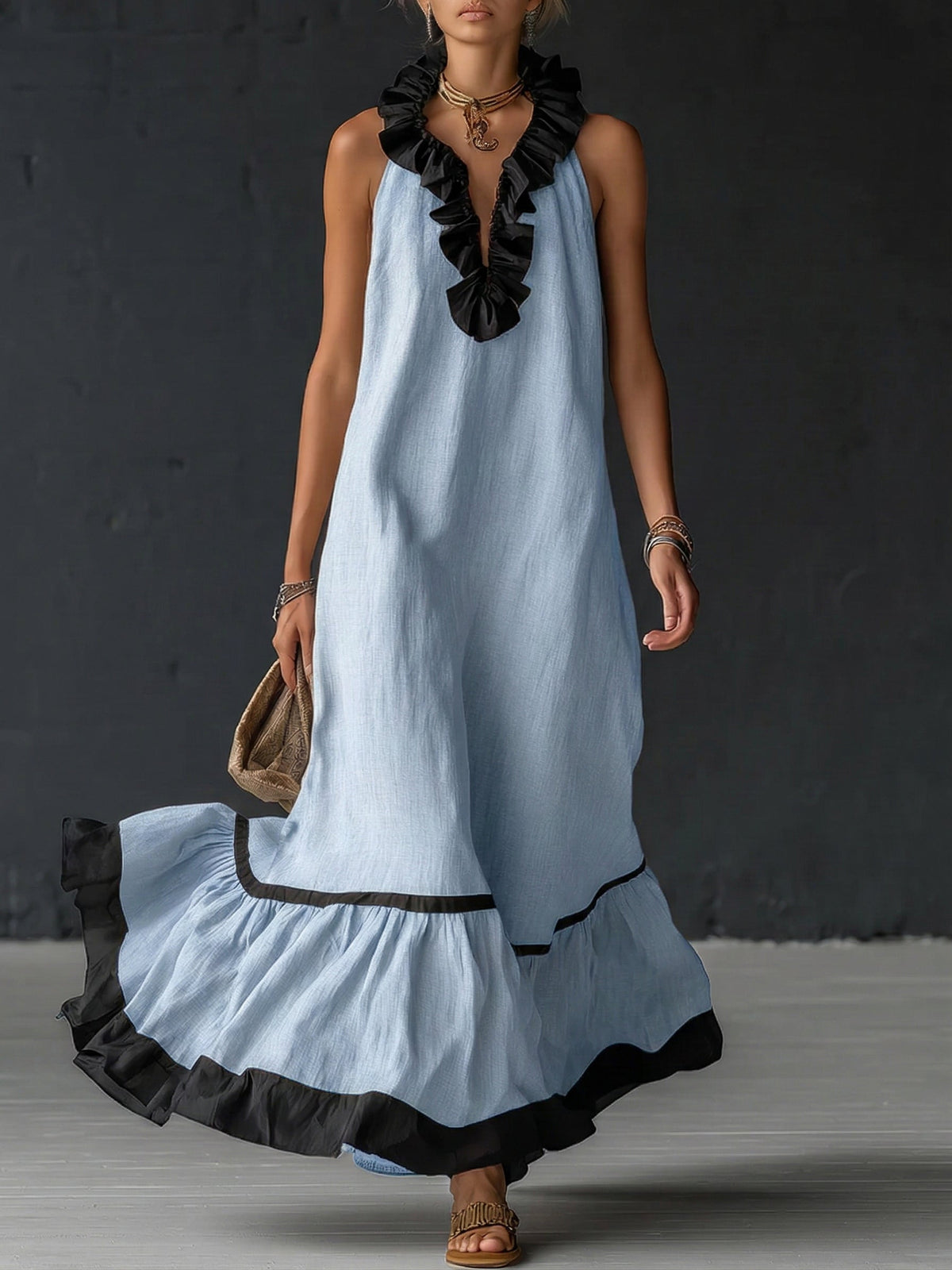 Damen Maxikleid Sophia – Leinen-Baumwolle, Volants, Seitentaschen