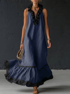 Damen Maxikleid Sophia – Leinen-Baumwolle, Volants, Seitentaschen