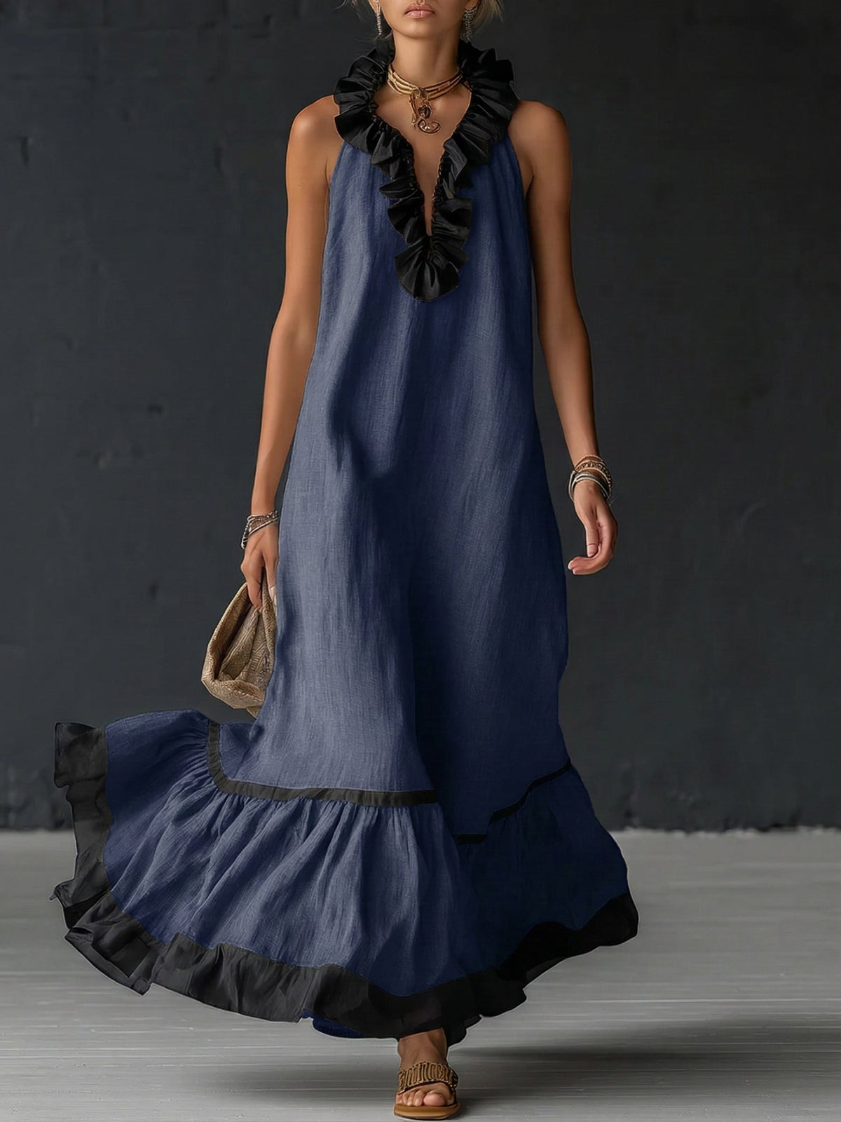Damen Maxikleid Sophia – Leinen-Baumwolle, Volants, Seitentaschen