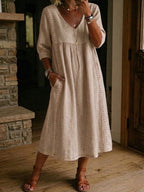 Damen Leinenkleid Emma – Midi, lockerer Schnitt, V-Ausschnitt