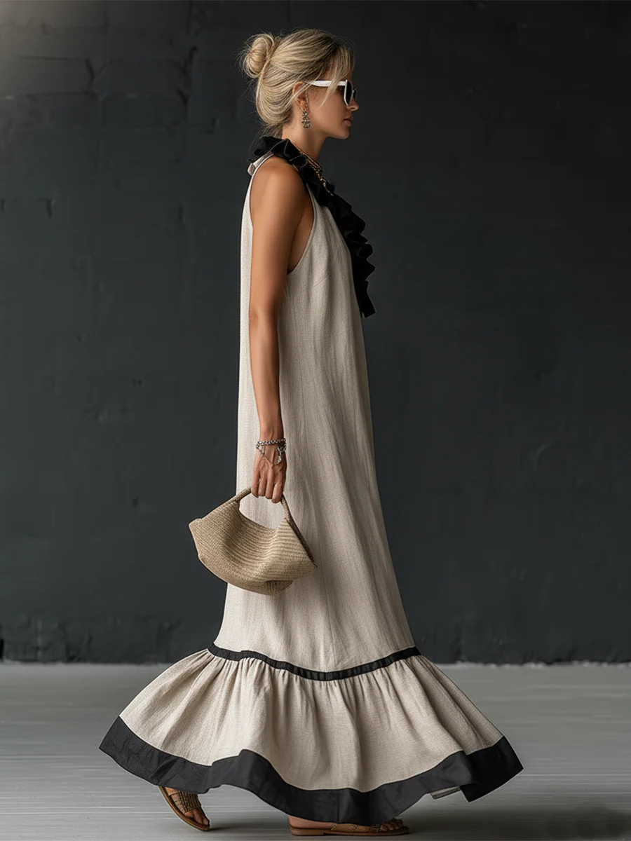 Damen Maxikleid Sophia – Leinen-Baumwolle, Volants, Seitentaschen