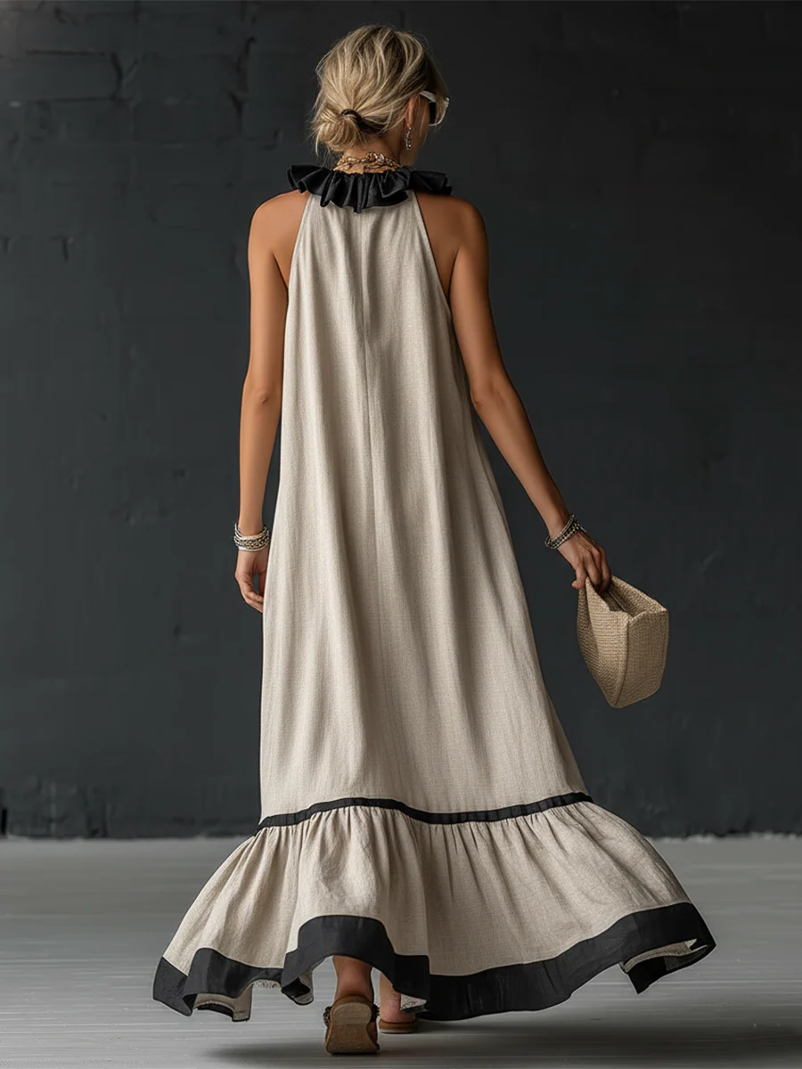 Damen Maxikleid Sophia – Leinen-Baumwolle, Volants, Seitentaschen