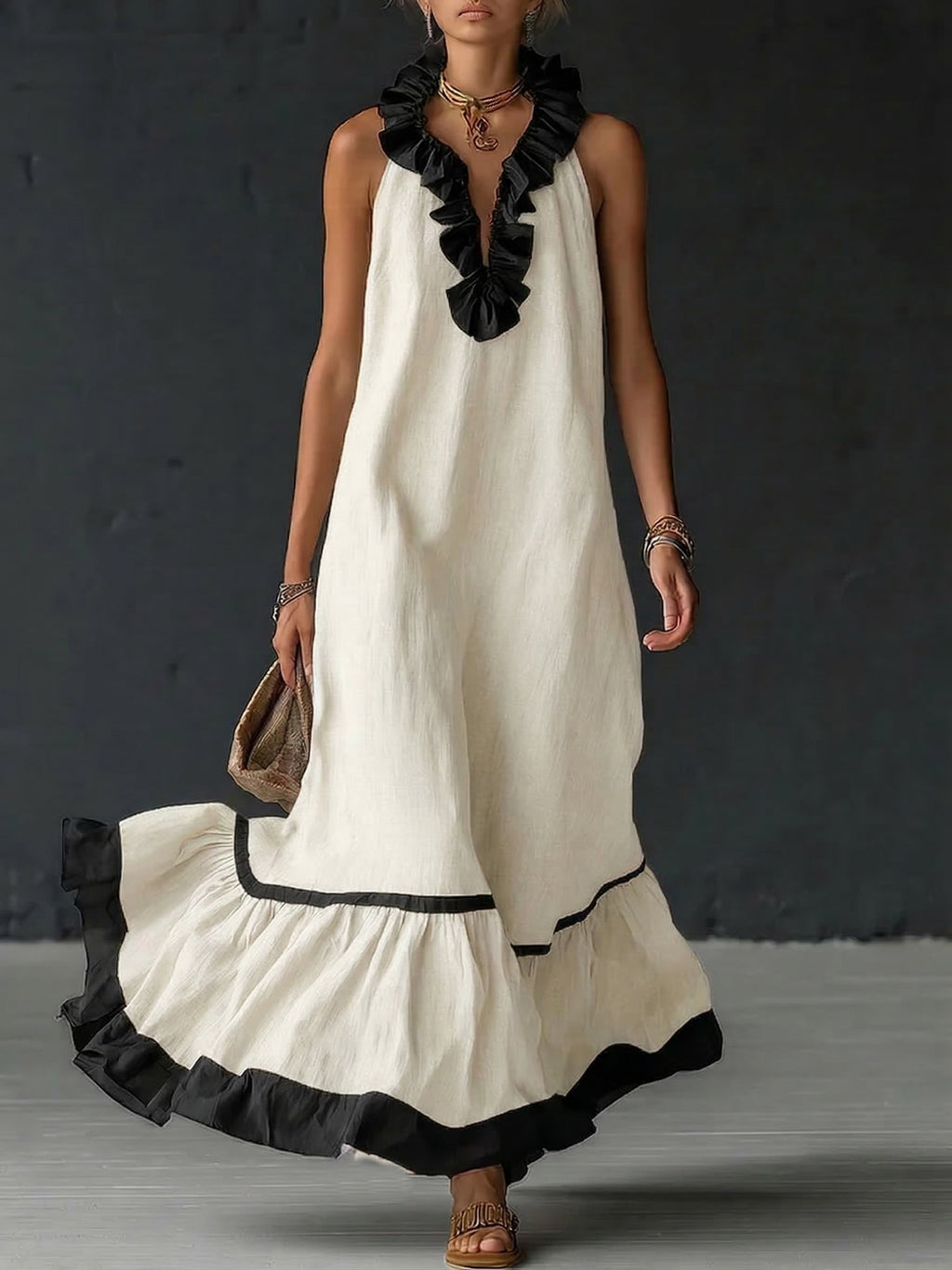 Damen Maxikleid Sophia – Leinen-Baumwolle, Volants, Seitentaschen