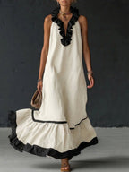 Damen Maxikleid Sophia – Leinen-Baumwolle, Volants, Seitentaschen