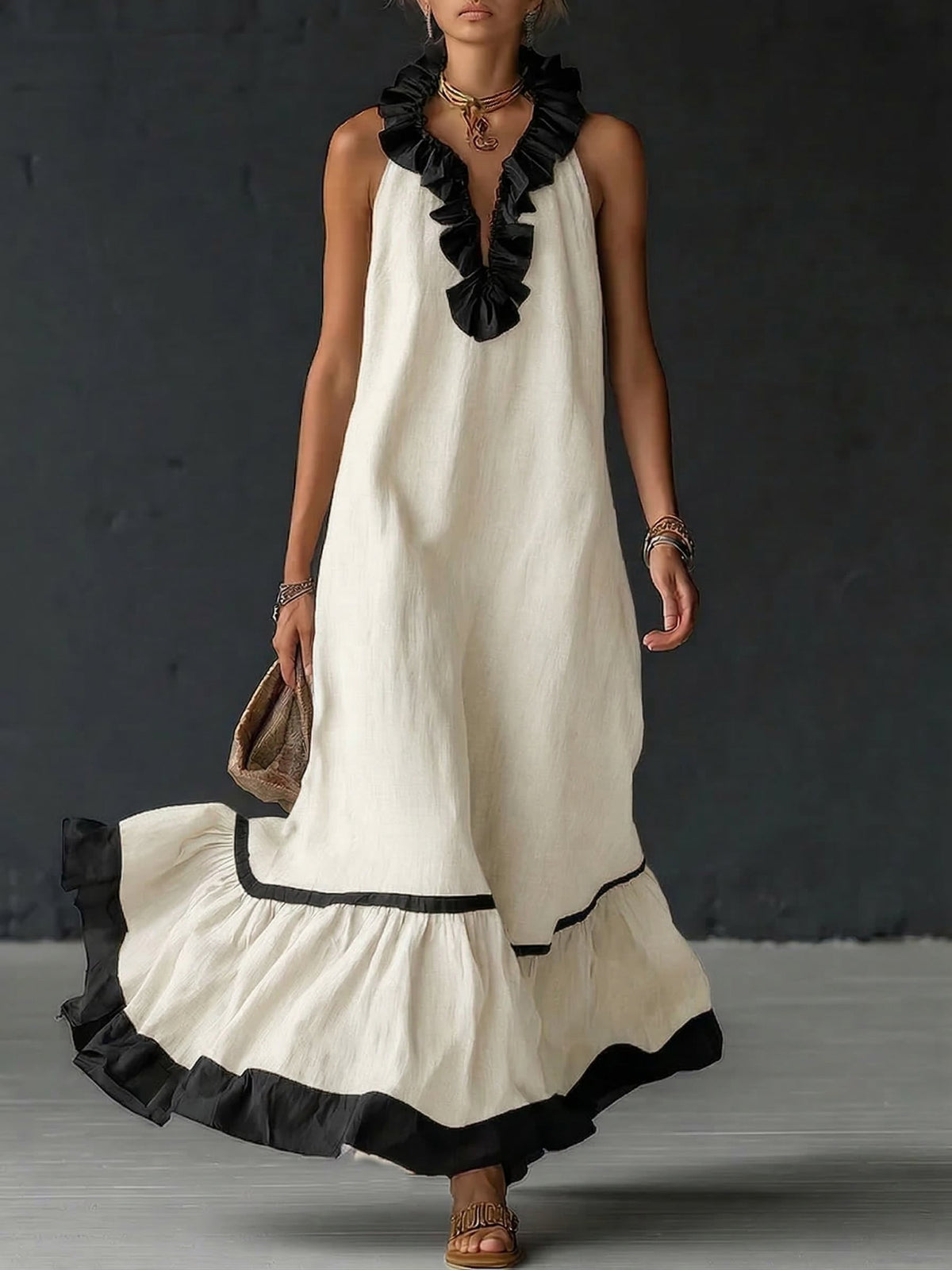 Damen Maxikleid Sophia – Leinen-Baumwolle, Volants, Seitentaschen