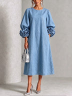 Vestido Midi para Mujer de Chambray Denim con Rosetas 3D