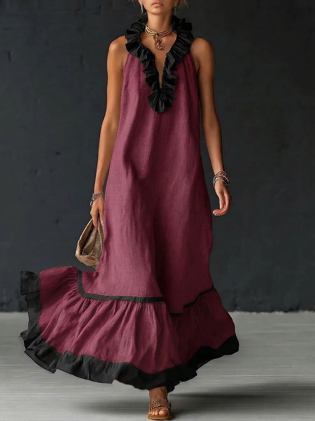Damen Maxikleid Sophia – Leinen-Baumwolle, Volants, Seitentaschen