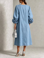 Vestido Midi para Mujer de Chambray Denim con Rosetas 3D