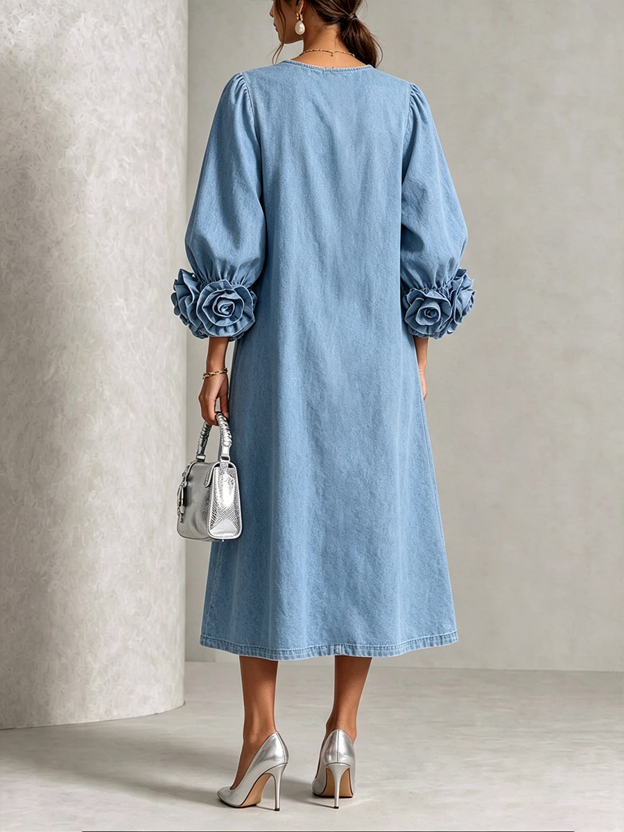 Vestido Midi para Mujer de Chambray Denim con Rosetas 3D