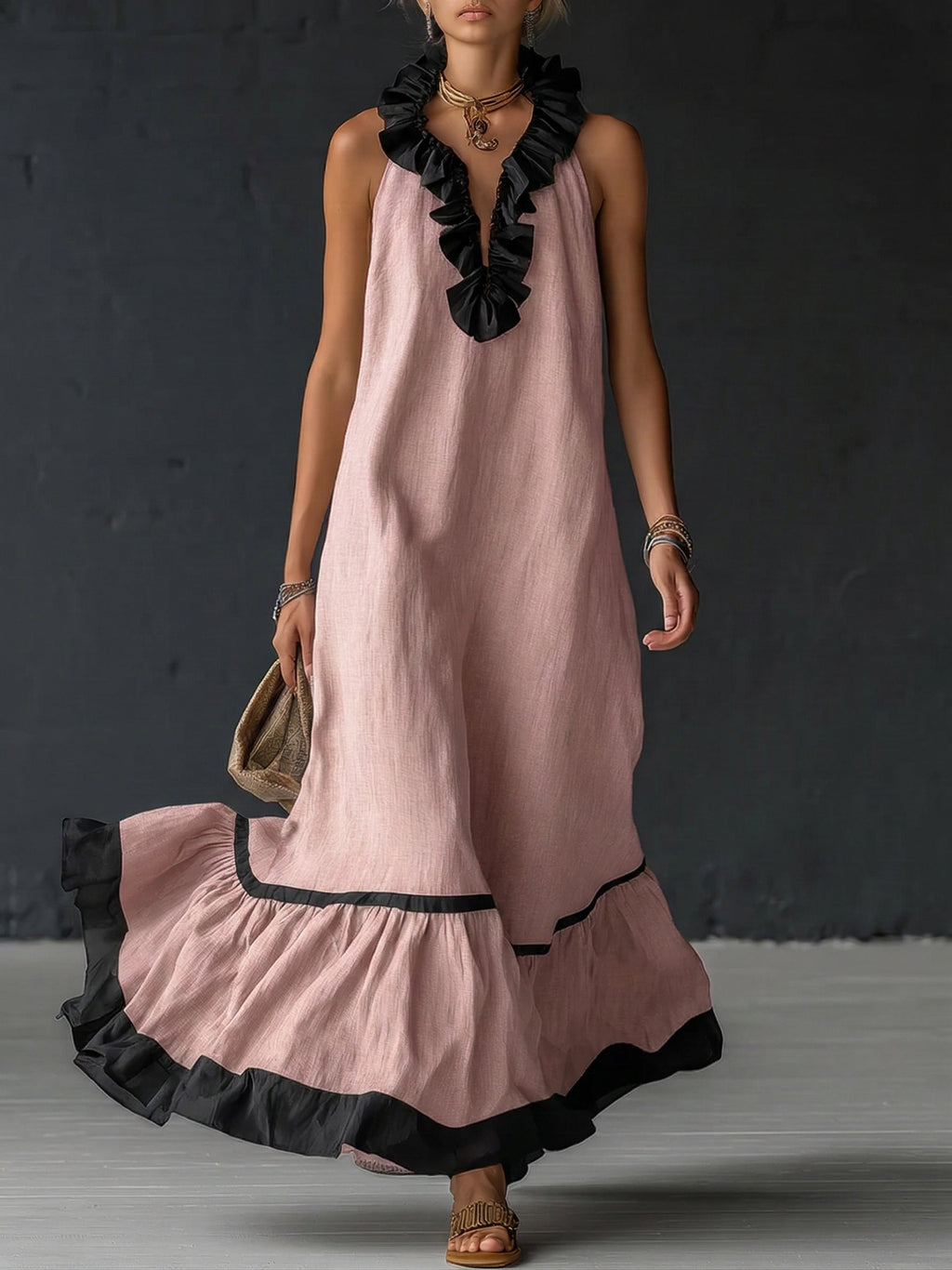 Damen Maxikleid Sophia – Leinen-Baumwolle, Volants, Seitentaschen
