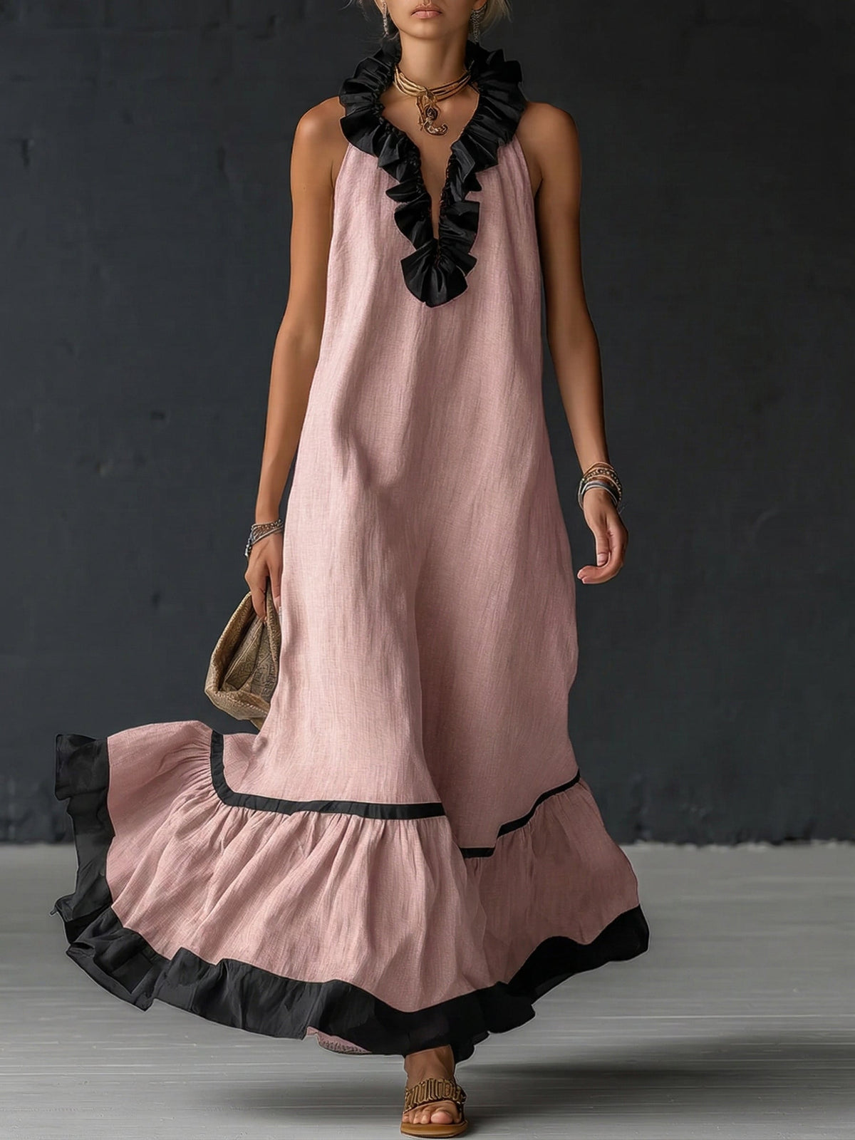 Damen Maxikleid Sophia – Leinen-Baumwolle, Volants, Seitentaschen