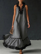 Damen Maxikleid Sophia – Leinen-Baumwolle, Volants, Seitentaschen