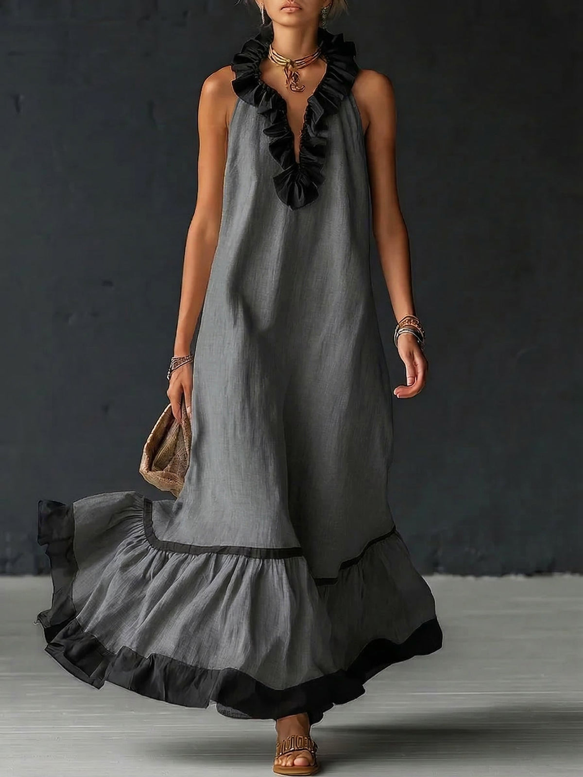 Damen Maxikleid Sophia – Leinen-Baumwolle, Volants, Seitentaschen