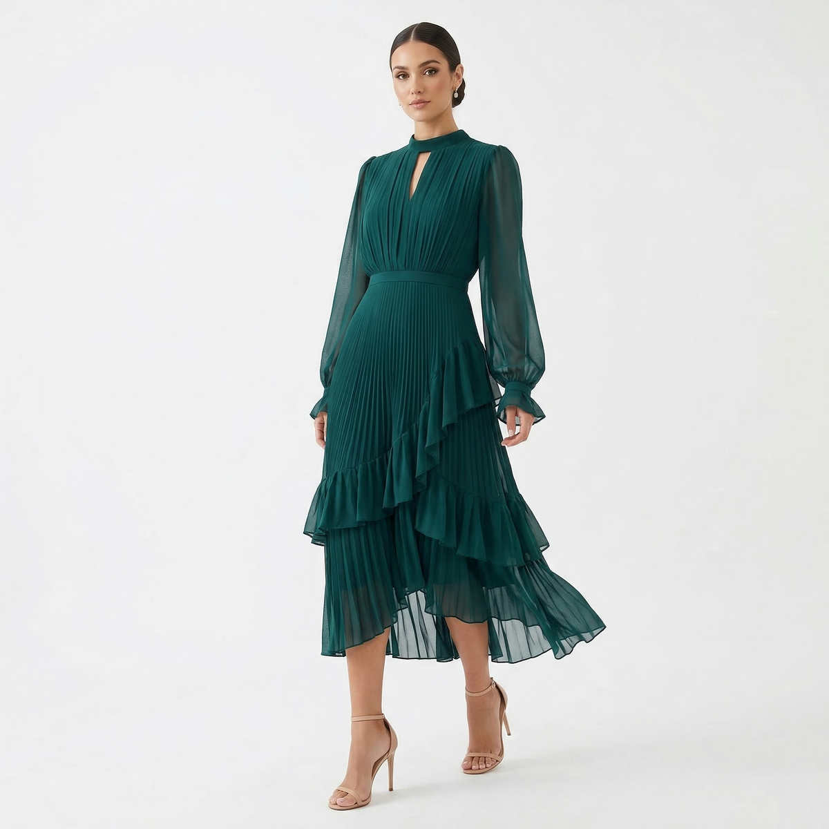 Damen Midikleid Lina – Plissiert, Volants, Fließend