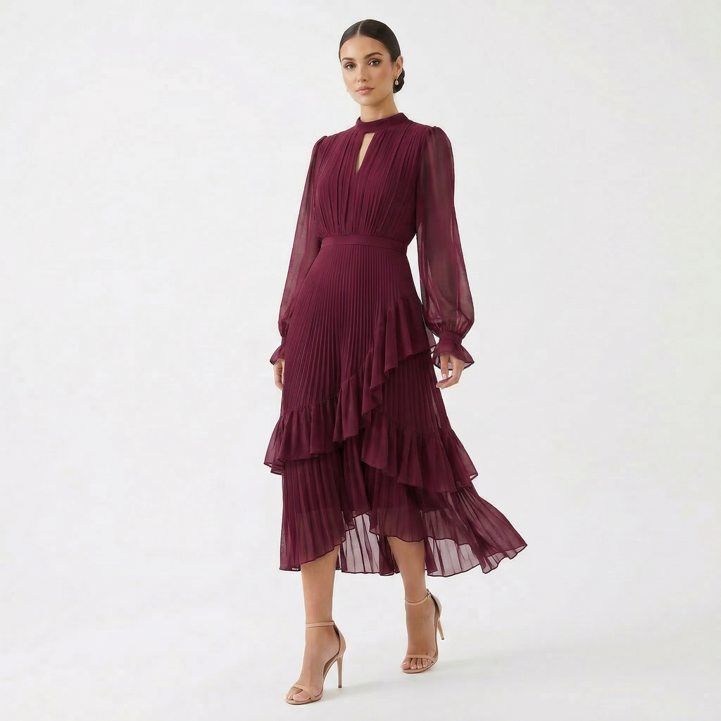 Damen Midikleid Lina – Plissiert, Volants, Fließend