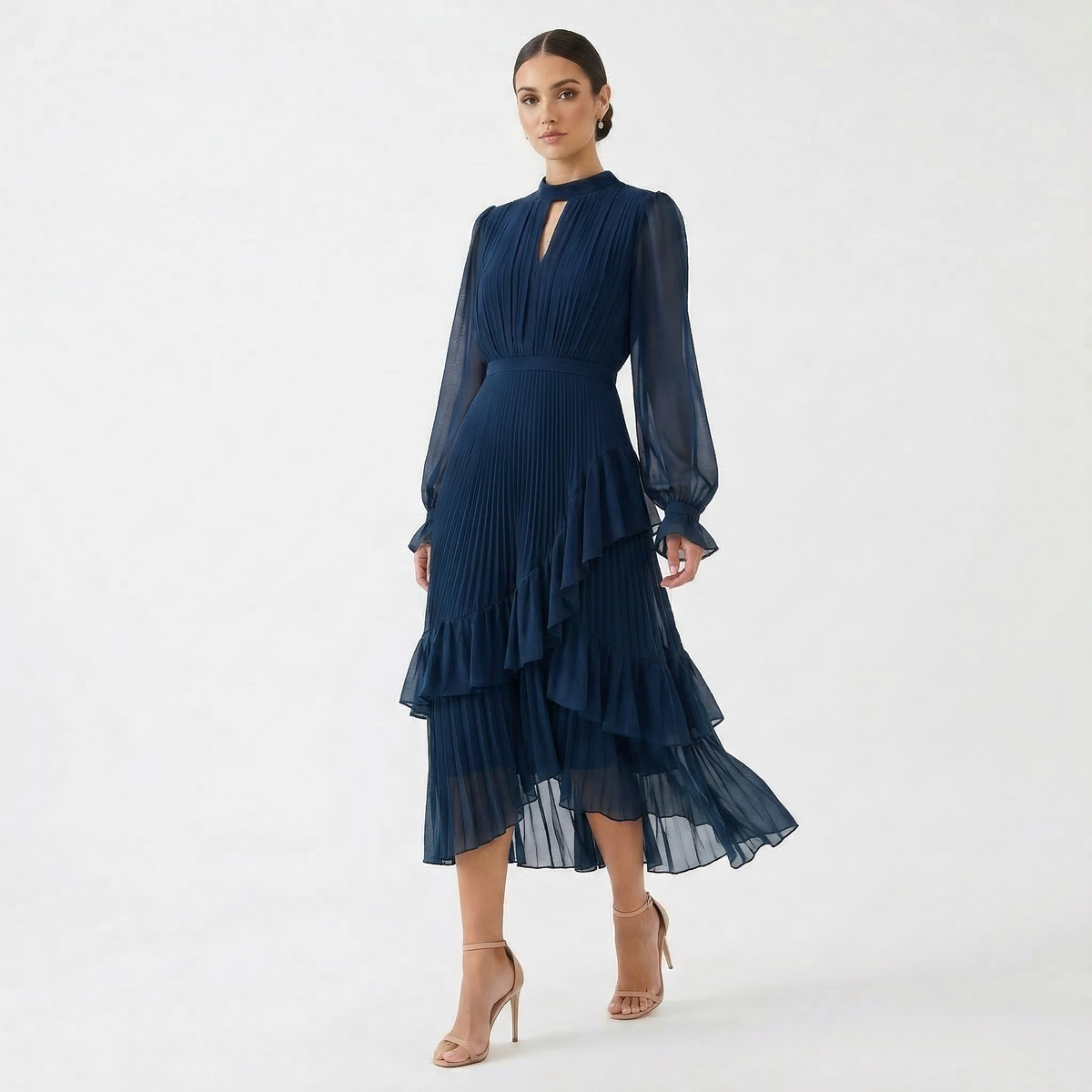 Damen Midikleid Lina – Plissiert, Volants, Fließend