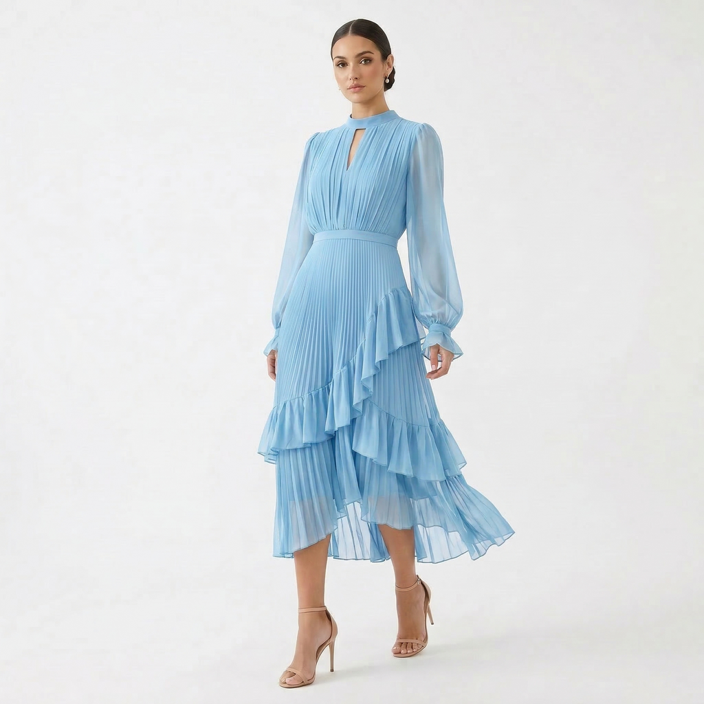 Damen Midikleid Lina – Plissiert, Volants, Fließend