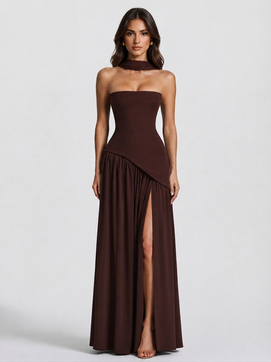Damen Abendkleid lang Raquel – Korsett-Oberteil, asymmetrischer Schlitz