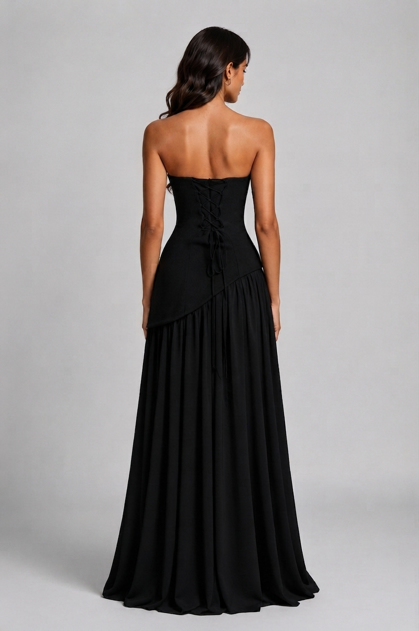 Damen Abendkleid lang Raquel – Korsett-Oberteil, asymmetrischer Schlitz