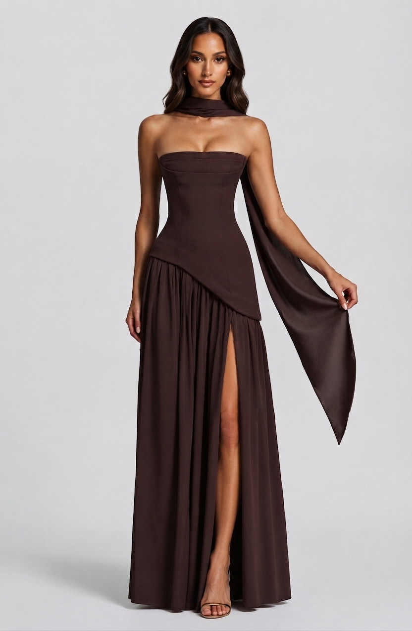 Damen Abendkleid lang Raquel – Korsett-Oberteil, asymmetrischer Schlitz