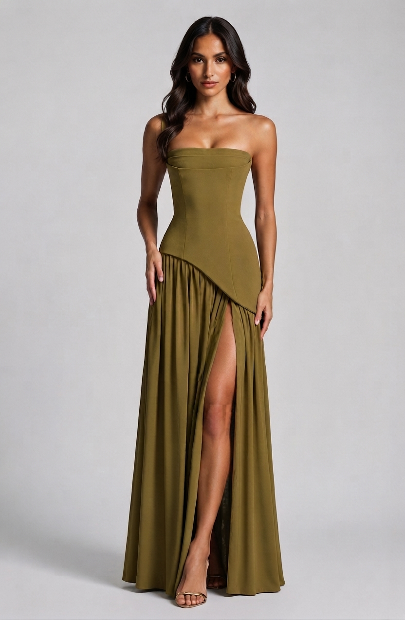 Damen Abendkleid lang Raquel – Korsett-Oberteil, asymmetrischer Schlitz
