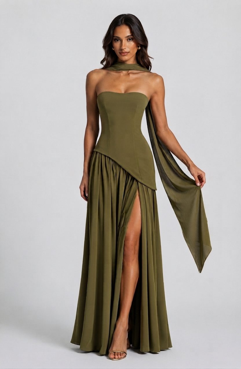 Damen Abendkleid lang Raquel – Korsett-Oberteil, asymmetrischer Schlitz