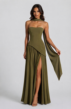 Damen Abendkleid lang Raquel – Korsett-Oberteil, asymmetrischer Schlitz