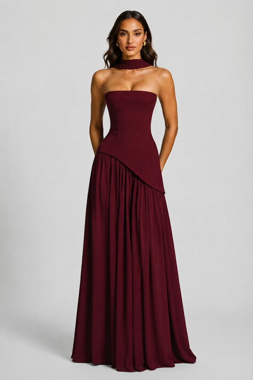 Damen Abendkleid lang Raquel – Korsett-Oberteil, asymmetrischer Schlitz