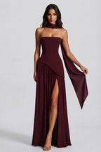 Damen Abendkleid lang Raquel – Korsett-Oberteil, asymmetrischer Schlitz