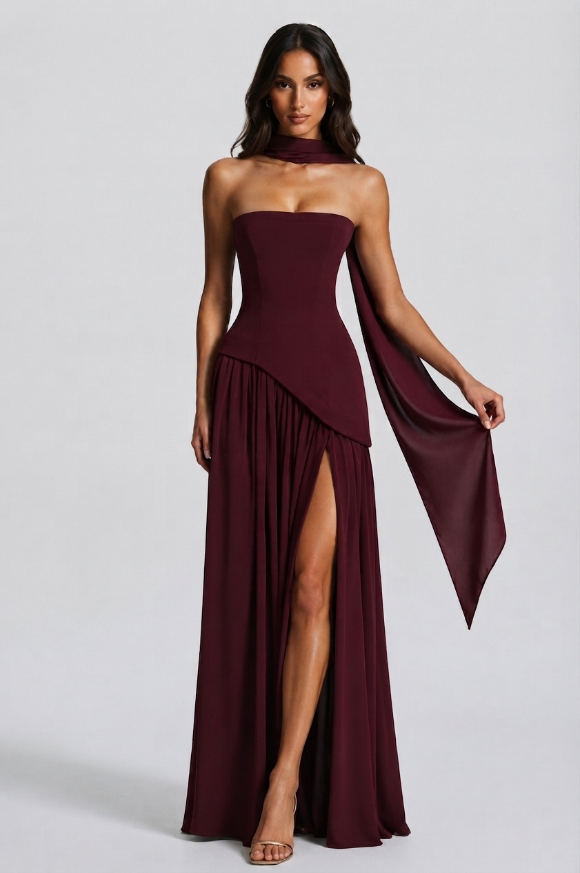 Damen Abendkleid lang Raquel – Korsett-Oberteil, asymmetrischer Schlitz