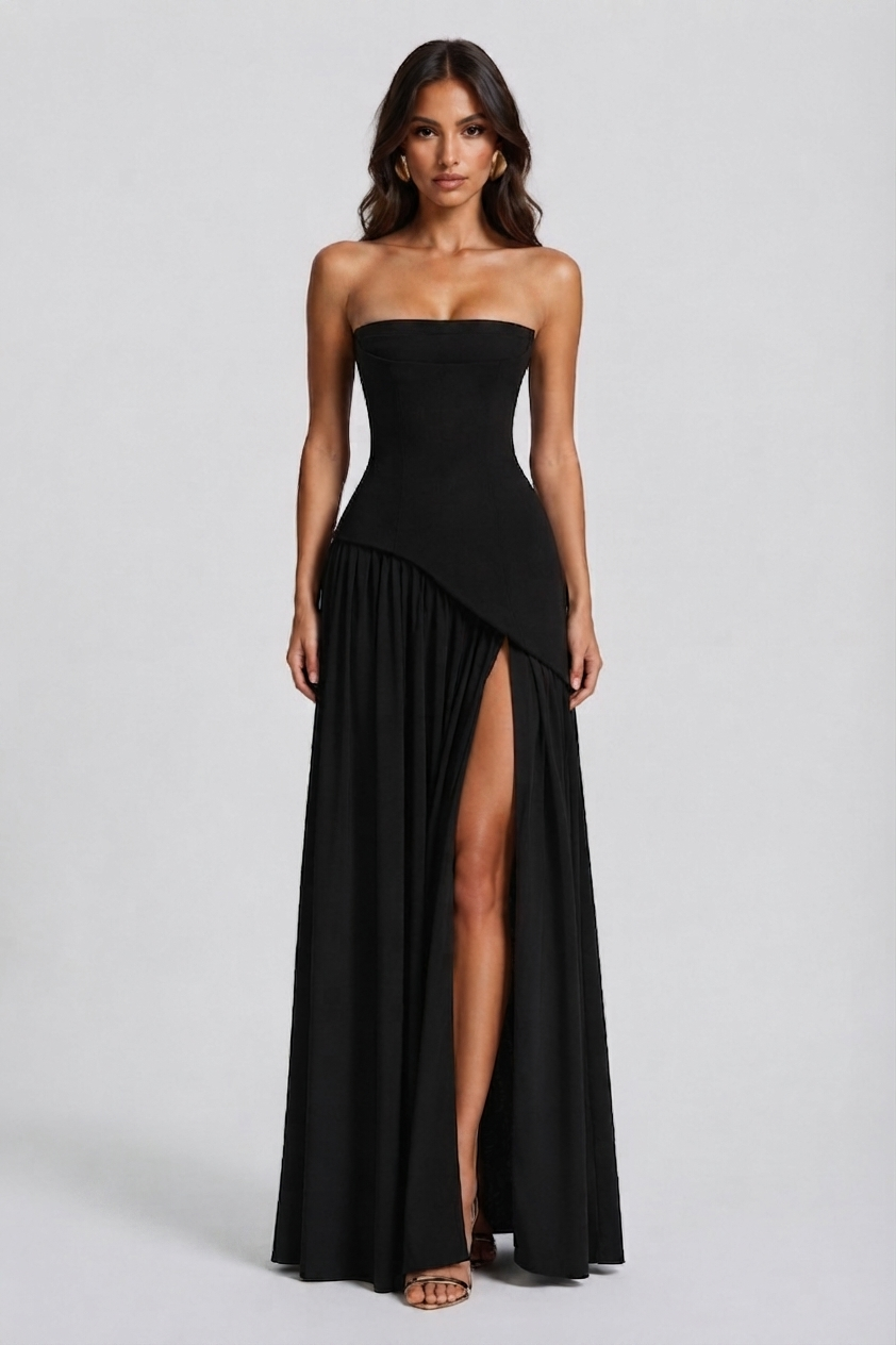 Damen Abendkleid lang Raquel – Korsett-Oberteil, asymmetrischer Schlitz
