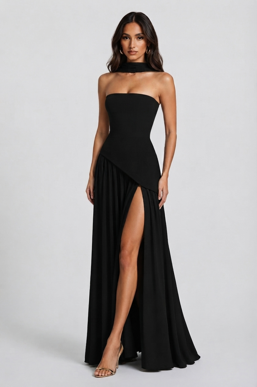 Damen Abendkleid lang Raquel – Korsett-Oberteil, asymmetrischer Schlitz