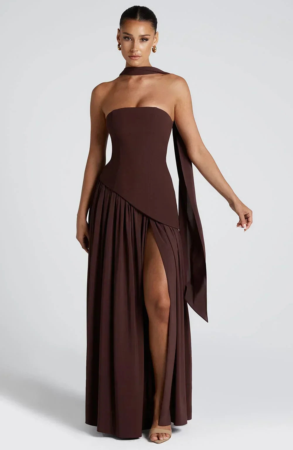 Damen Ballkleid Lina – Corsage, Bandeau-Ausschnitt, Schlitz