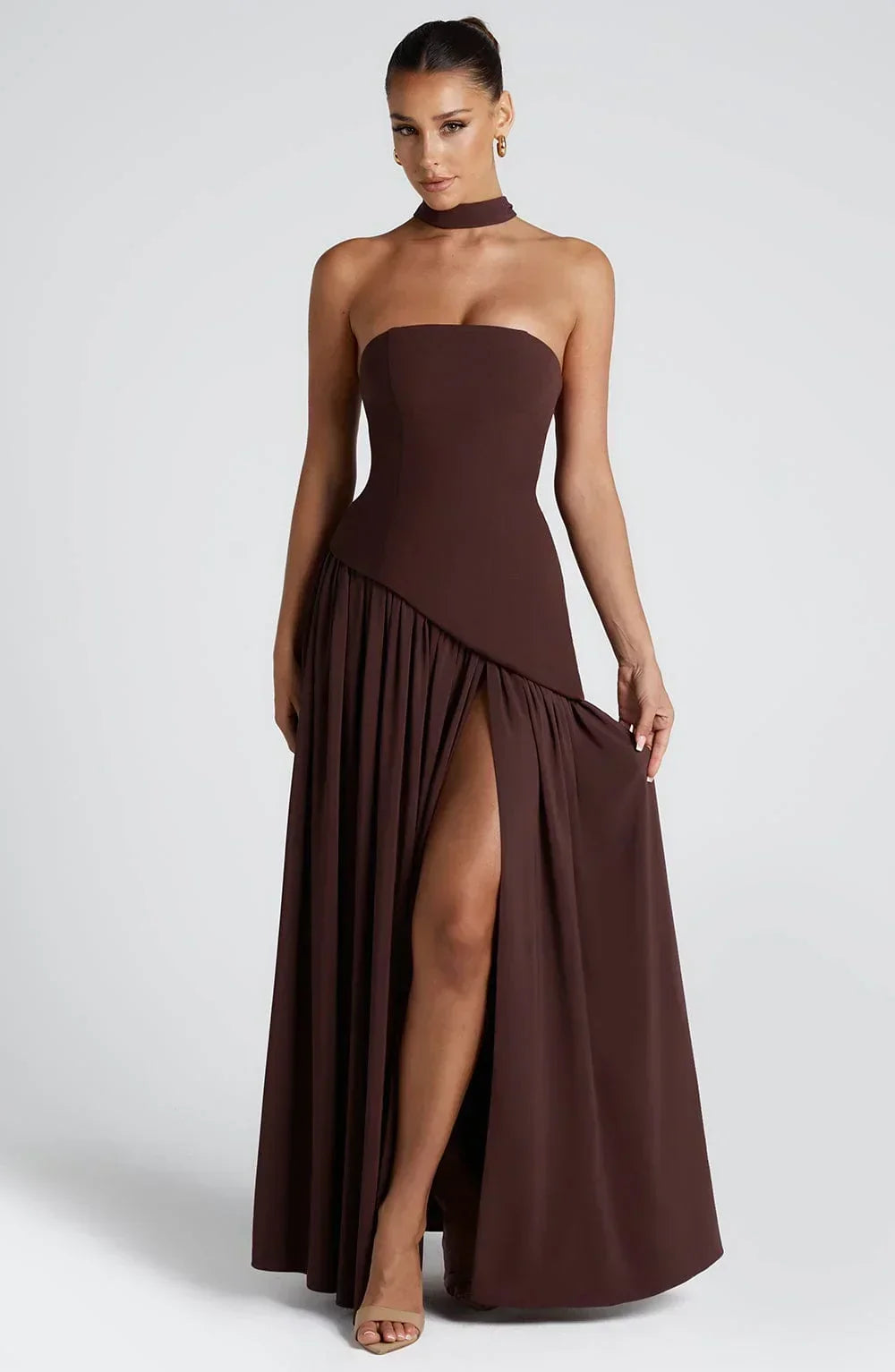 Damen Ballkleid Lina – Corsage, Bandeau-Ausschnitt, Schlitz