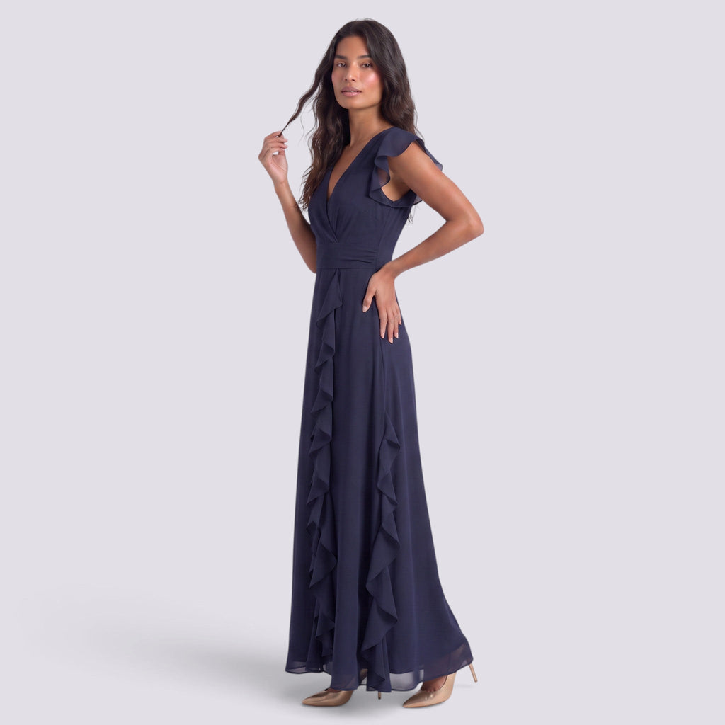 Damen Abendkleid Sophia – Plissee, Schlitz, V-Ausschnitt lang