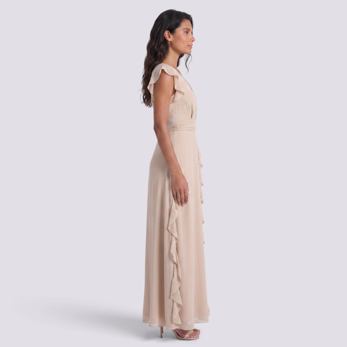 Damen Abendkleid Sophia – Plissee, Schlitz, V-Ausschnitt lang