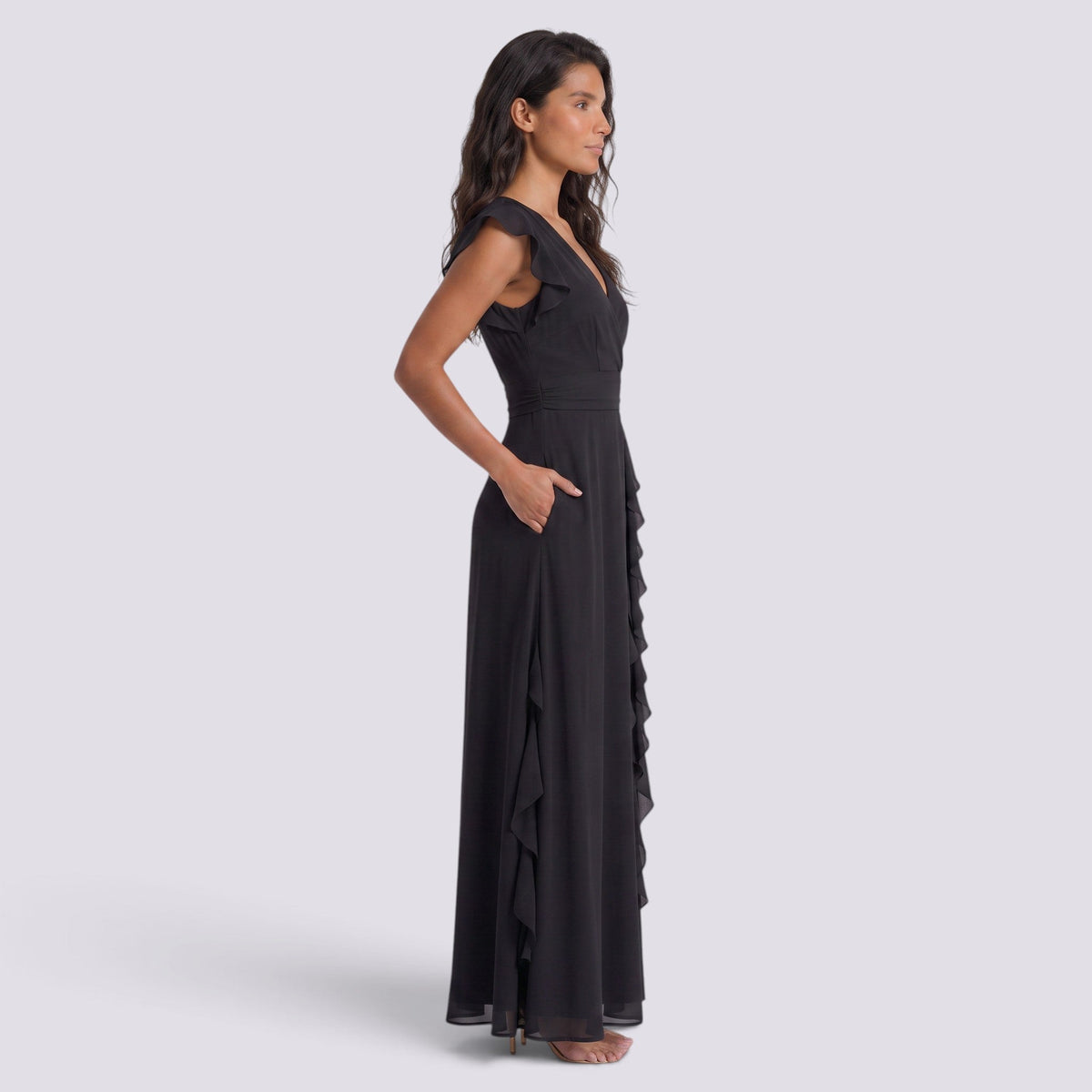 Damen Abendkleid Sophia – Plissee, Schlitz, V-Ausschnitt lang