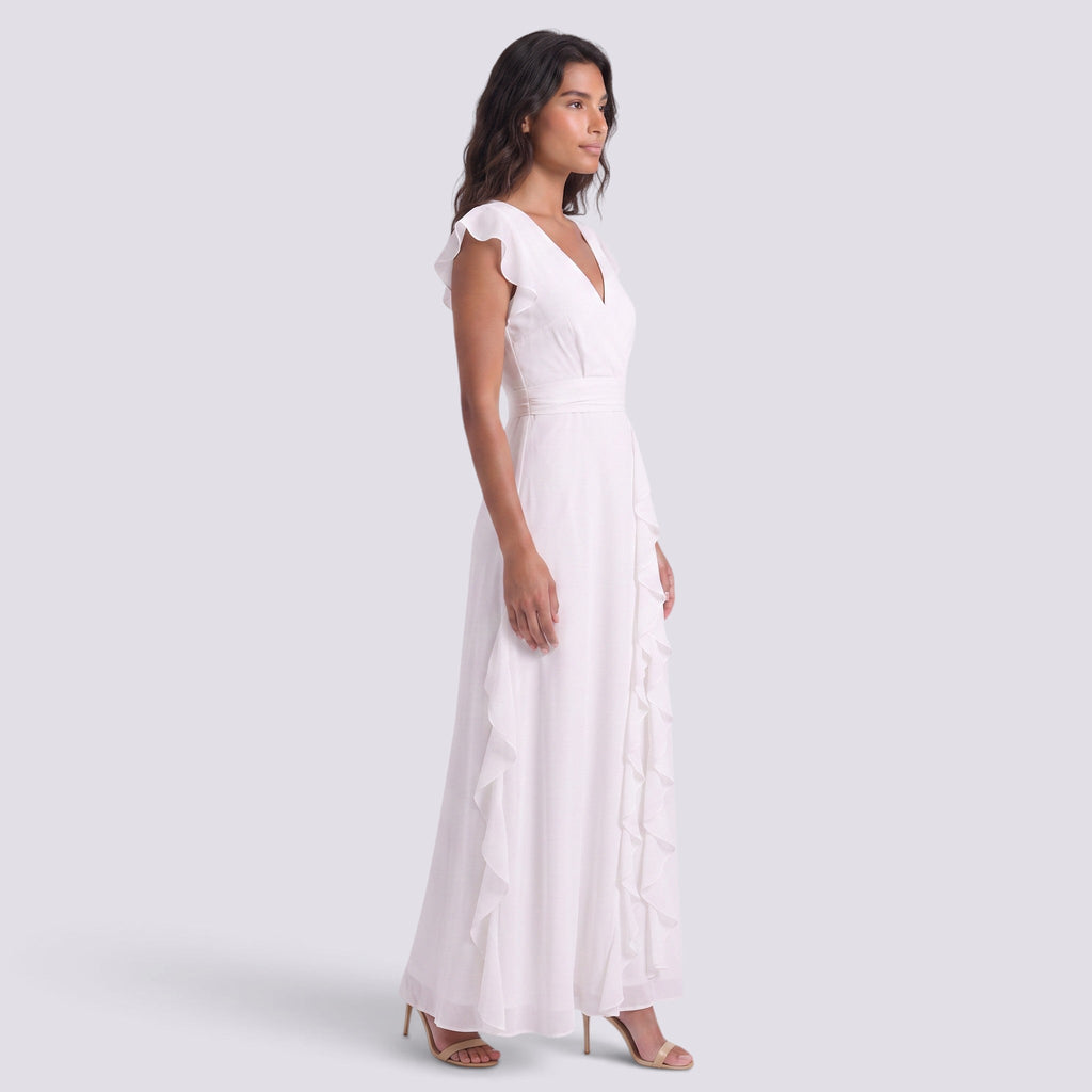 Damen Abendkleid Sophia – Plissee, Schlitz, V-Ausschnitt lang