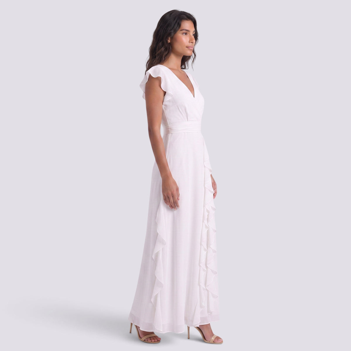 Damen Abendkleid Sophia – Plissee, Schlitz, V-Ausschnitt lang