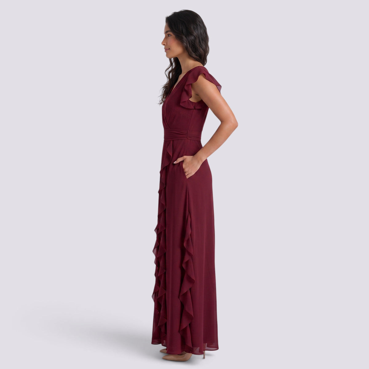 Damen Abendkleid Sophia – Plissee, Schlitz, V-Ausschnitt lang