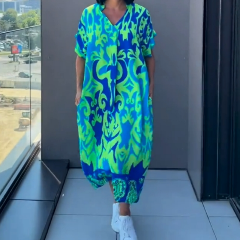 Damen Kleid Emma – Bunter V-Ausschnitt, fließend