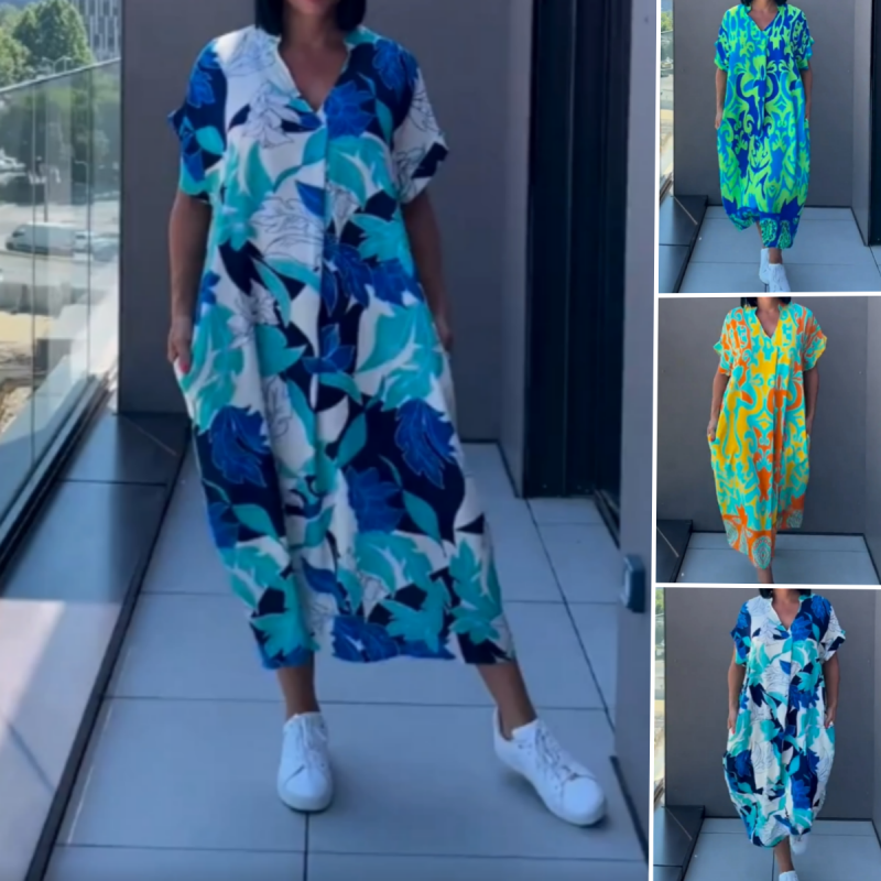 Damen Kleid Emma – Bunter V-Ausschnitt, fließend