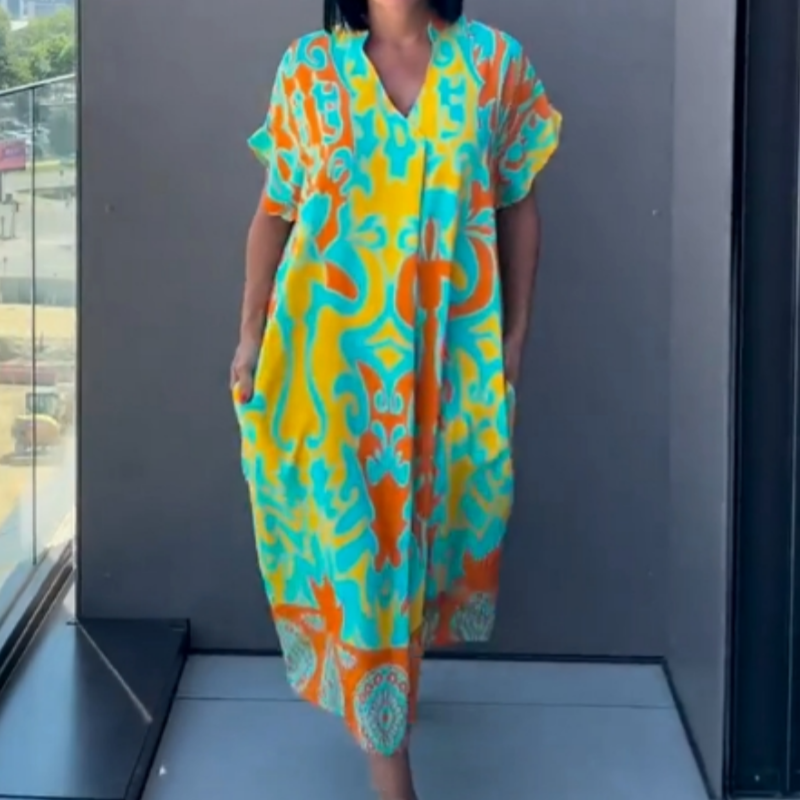Damen Kleid Emma – Bunter V-Ausschnitt, fließend