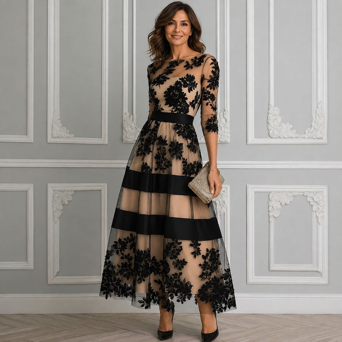 Belle & Julia Vestido Midi de Encaje Acampanado para Mujer Negro