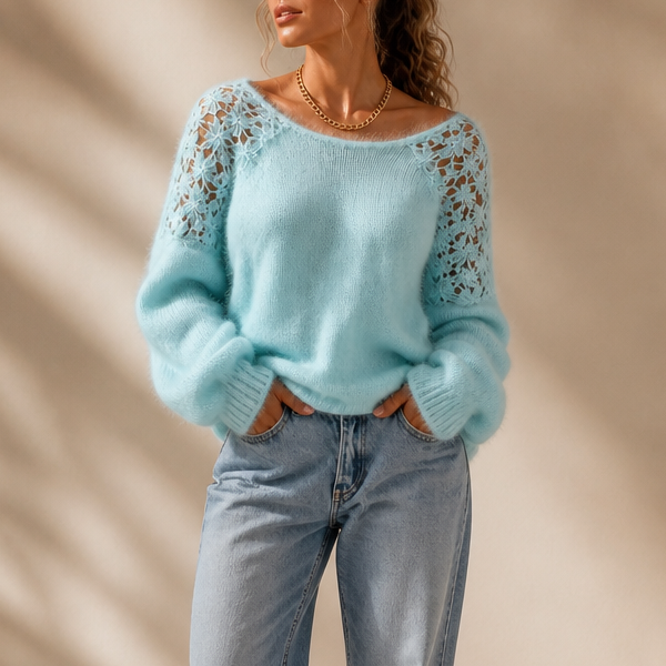 Damen Strickpullover Emma – Spitzendetail, schulterfreier Ausschnitt
