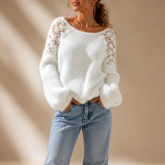 Damen Strickpullover Emma – Spitzendetail, schulterfreier Ausschnitt